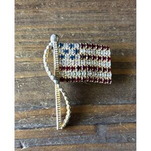 Vintage Rafaelian Signed Red White (clear) & Blue Rhinestone Flag Brooch Pin